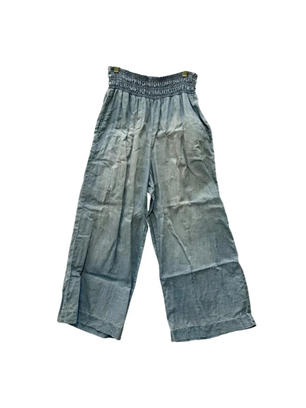 Wide-Leg Linen Women's Pants M Smocked Waist Pull-On Boho Lightly Faded Blue - Picture 2 of 12